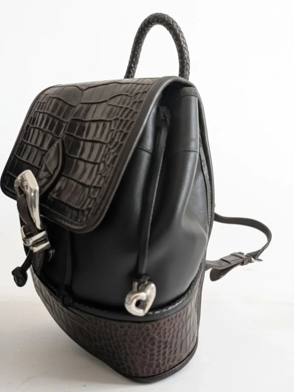 BRIGHTON Monica Vintage Croc Embossed Leather Drawstring Bucket Backpack BLK BRN